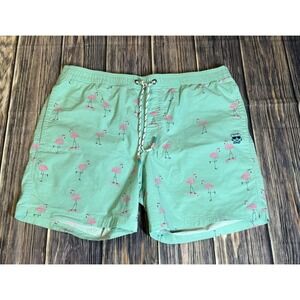 Party Pants Mens Swim Trunks XL Teal Flamingo Print Boardshorts Beachwear